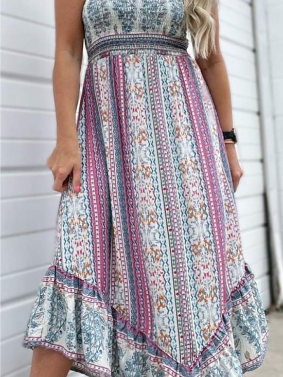 Angie Dresses & Skirts - Angie Multicolor Smocked Maxi Dress in Blue, Pink, Cream-beautiful bohemian.